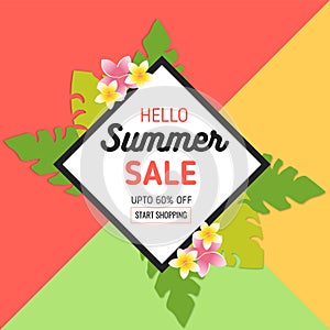 Summer Sale Background with Tropical Leaves and Flowers in realistic style and frame. Used for Invitation, Posters, Flyer, Brochur