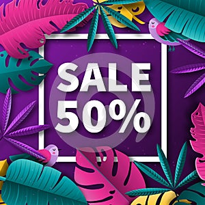 Summer sale background with tropical plants and birds. Vector illustration.