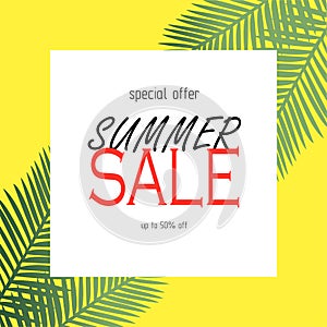 Summer sale banner with 50 discount, text and tropical elements, palm leaves