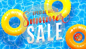 Summer sale banner background with blue water texture and yellow pool float. Vector illustration of sea beach offer