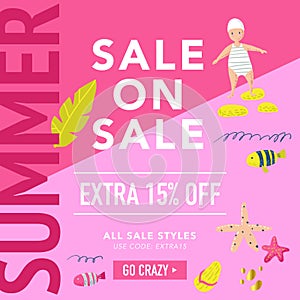 Summer Sale Banner with Beach Elements. Discount Poster Template. Hand Drawn Promotional Design for Flyer, Cover