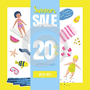 Summer Sale Banner with Beach Elements. Discount Poster Template. Hand Drawn Promotional Design for Flyer, Cover