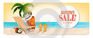Summer sale banner with a beach vacation background.