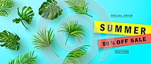 Summer Sale banner.Beautiful Background with realistic tropical leaves. Vector illustration for website , posters,ads