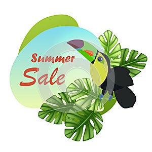 Sale banner with tropical leaves, poster with palm tree, toucan and lettering. social media promotional content EPS 10