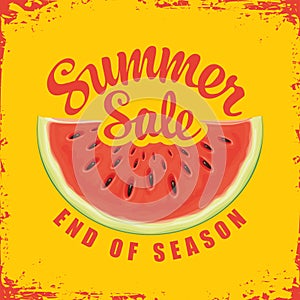 Summer sale banner with bitten piece of watermelon