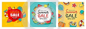 Summer sale banner cover template background. Summer discount special offer in hand drawn style