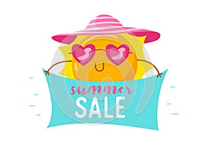Summer Sale Banner with Cute Sun in Heart Shaped Sunglasses and Hat. Cartoon Kawaii Character Summertime
