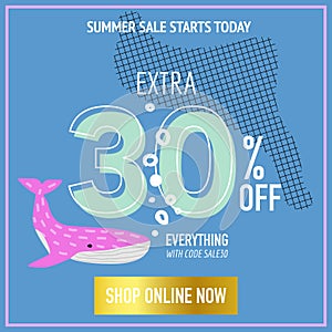 Summer Sale Banner with Cute Whales. Promotional Design Template for Poster, Flyer. Summer Discount Background