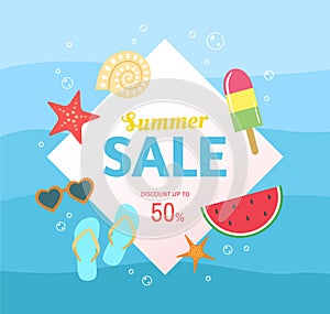 Summer Sale banner design with blue waves and different summer icons such as sea shell, sea star, watermelon, ice cream