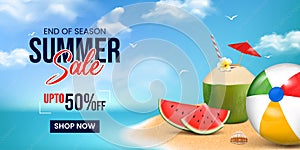 summer sale banner design, end of season summer sale offer banner illustration with summer elements