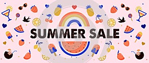 Summer sale, banner design with fruits, ice cream, rainbow, watermelon and cocktails