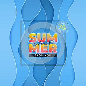 Summer sale banner design with paper cut. and the pattern of water waves and Tone cool colors