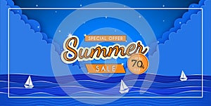 Summer sale banner design with paper cut. and the pattern of water waves and Tone cool colors