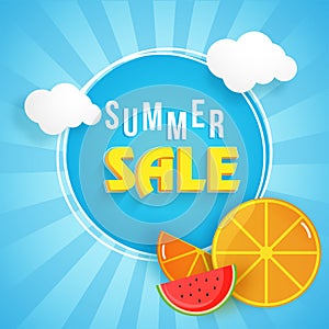 Summer sale banner design with stylish text, cloud, and seasonal