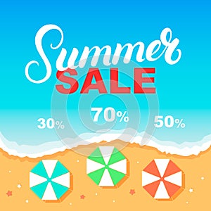 Summer Sale banner design template. Sea, beach, umbrellas.