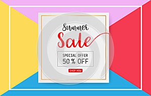 Summer sale banner for discount promotion text on white card on colorful paper background