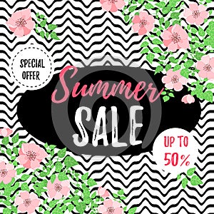 Summer sale banner with dog-rose flowers. Design for advertising banners, labels, posters, web presentation. Vector illustration