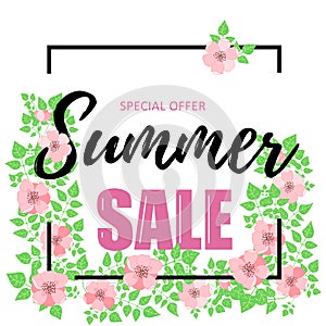 Summer sale banner with dog-rose flowers. Design for advertising banners, labels, posters, web presentation. Vector illustration