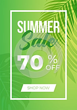 Summer sale banner with dual-tone gradient background and tropical leaves