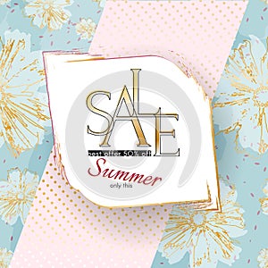 Summer sale banner Elegant beauty luxury golden sale text on a flowers specks background Luxury theme card banner for advertising