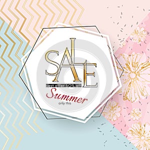 Summer sale banner Elegant beauty luxury golden sale text on a flowers specks background Luxury theme card banner for advertising