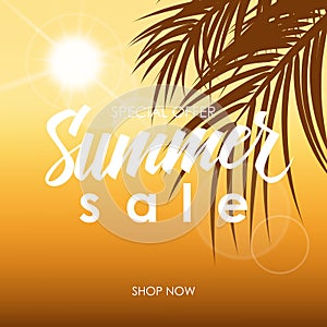 Summer Sale banner with hand lettering and palm leaves for business, promotion and advertising.