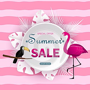 Summer sale banner with paper cut flamingo and tropical leaves background, exotic floral design for banner, flyer