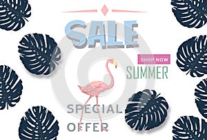 Summer sale banner with paper cut flamingo and tropical leaves background, exotic floral design for banner, flyer, invitation,