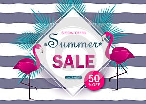 Summer sale banner with paper cut flamingo and tropical leaves background, exotic floral design for banner, flyer, invitation,