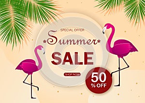 Summer sale banner with paper cut flamingo and tropical leaves background, exotic floral design for banner, flyer, invitation,