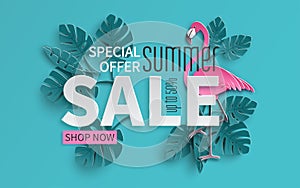 Summer sale banner with paper cut flamingo and tropical leaves background, exotic floral design for banner, flyer, poster