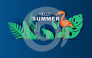 Summer sale banner with paper cut flamingo and tropical leaves on blue background. exotic floral design for banner and cover web,