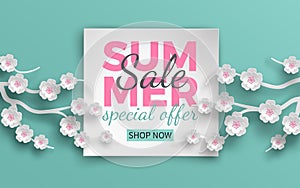 Summer sale banner with paper cut frame and blooming pink cherry flowers on green floral background for banner, flyer, poster
