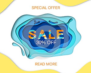 Summer sale banner with paper cut frame on blue sea and beach summer background with curve paper waves and seacoast for