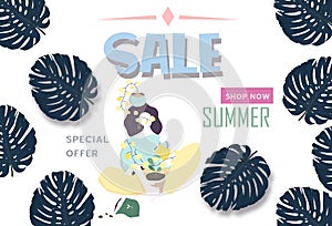 Summer sale banner with paper cut woman and tropical leaves background, exotic floral design for banner, flyer