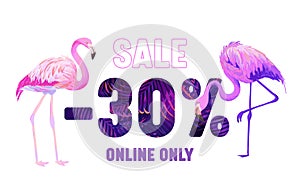 Summer Sale Banner with Pink Flamingo and Violet Typography with Palm Trees Ornament and Botanical Elements