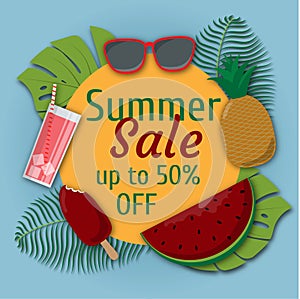 Summer Sale banner. Poster with tropical leaves,ice cream,watermelon,sunglasses.Invitation for shopping with 50 percent