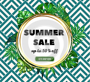 Summer Sale banner, promo poster with palm leaves, jungle tropical leaf. Floral tropical summer ads background. Super