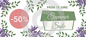 Summer sale banner with purple flowers and green leaves. Floral design. Perfect for banners, flyers, posters, web sites.