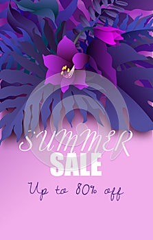 Summer sale banner with purple tropical leaves background, exotic tropical leaves design for banner, flyer, invitation, poster, w