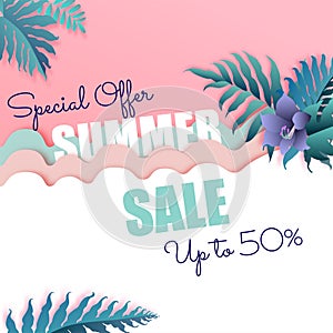 Summer sale banner with purple tropical leaves background, exotic tropical leaves design for banner, flyer, invitation, poster, w