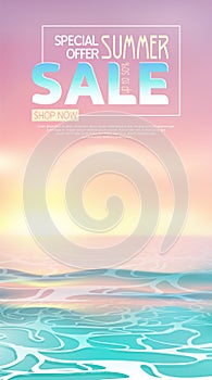 Summer sale banner with sea ripple on beach. Sunset or sunrise in ocean, nature landscape background. Pink clouds in sky