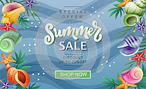 Summer sale banner seashell and palm leaves