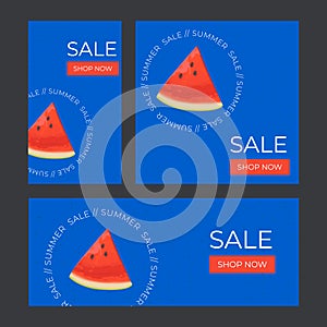 Summer sale banner set, template for social media, stories, ads. Vector Summer sale banners  in modern design with watermelon