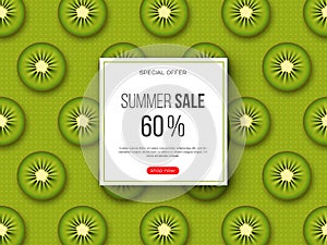 Summer sale banner with sliced kiwi pieces and dotted pattern. Green background - template for seasonal discounts