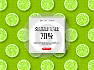 Summer sale banner with sliced lime pieces and dotted pattern. Green background - template for seasonal discounts