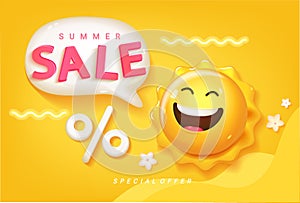 Summer Sale banner with smiling 3d sun.