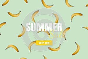 Summer sale banner. Special offer poster discount on the blue background with yellow bananas