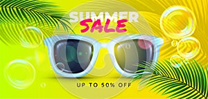 Summer sale banner for sunglasses shop. Discount voucher with palm leaves shadows and flying soap bubbles. 50 Off. 3D